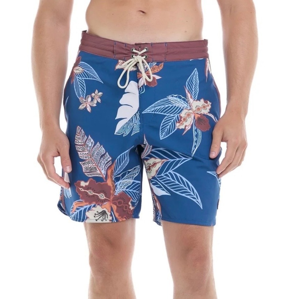 Eidon Poche Board Shorts Tropical Floral Recycled Stretch Blue Mens 32 NWT